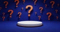 Empty White Podium Surrounded by Orange Question Marks on Blue Background quiz mystery Royalty Free Stock Photo
