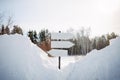 Empty white pointers, guidepost against winter nature background. Directional arrow signs on pole in snowy forest. Christmas and Royalty Free Stock Photo