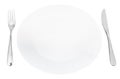 Empty white porcelain plate with fork and knife Royalty Free Stock Photo