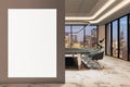 An empty white poster frame in a modern office interior with a city skyline at night, concept of advertising space. 3D Rendering Royalty Free Stock Photo