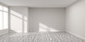 Empty white room with blank walls with shadow from window and grey hardwood floor - presentation or gallery architecture