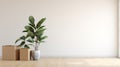 Empty White Room With Moving Boxes And Plants - 3d Rendering Stock Photo