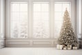 Empty white room with natural light from the window and Christmas tree and gift boxes. Copy space Royalty Free Stock Photo