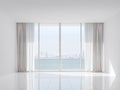 Empty white room with sea and city view 3d render Royalty Free Stock Photo