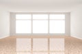 Empty white room with window wall and brown, shiny bamboo hardwood floor - presentation or gallery architecture background element