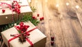 White Rustic Wooden Table Foreground with Blurred Cozy Christmas Interior Royalty Free Stock Photo