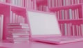 Empty White Screen Laptop Mockup Showcasing Technology Education With Stack Of Books On Pink Pastel Royalty Free Stock Photo