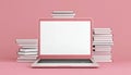 Empty White Screen Laptop Mockup With A Stack Of Books For Education On Technology Royalty Free Stock Photo