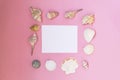 Empty white sheet of paper for text on a pink background. Background with shells and pebbles Royalty Free Stock Photo