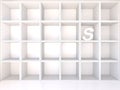 Empty white shelves with S