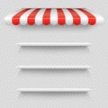 Empty white shop shelf under striped white and red sunshade vector isolated on transparent background