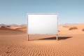 An empty white signpost with copy space in a barren desert landscape beneath a clear blue sky