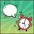 Empty white speech bubble and red alarm clock on green background. Comic sound effects in pop art style. Vector Royalty Free Stock Photo