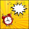 Empty white speech bubble and red alarm clock on yellow background. Comic sound effects in pop art style. Vector Royalty Free Stock Photo