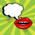 Empty white speech bubble for your text with red lips on green background. Comic sound effects in pop art style. Vector Royalty Free Stock Photo