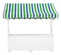 White market stall with blue green striped awning