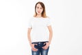 Empty white t-shirt mock up, Happy young woman on a white background