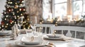 Empty white table with christmas dining room and tree in the bac Royalty Free Stock Photo