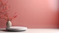 Empty white table top and pink wall for product display mock up background, template, AI generated generative AI illustration
