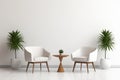 Empty white wall mockup in modern room interior with two wooden armchairs, modern table and pot with plants. Natural daylight from