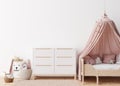 Empty white wall in modern child room. Mock up interior in scandinavian style. Free, copy space for your picture, poster Royalty Free Stock Photo