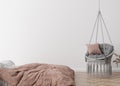 Empty white wall in modern and cozy bedroom. Mock up interior in minimalist, contemporary style. Free space, copy space Royalty Free Stock Photo