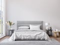 Empty white wall for print or poster mockup in modern neutral gray bedroom interior