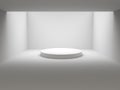 Empty white winners podium in white room with light from ceiling. 3D rendering.