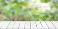 Empty white wood table top with blur green bokeh background Royalty Free Stock Photo