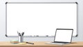 Empty Whiteboard and Laptop on Wooden Desk in Modern Office or Classroom Setting Royalty Free Stock Photo