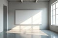 Empty whiteboard on wall in bright room. Sunlight falls on the white surface and floor. Modern office room with concrete floor Royalty Free Stock Photo