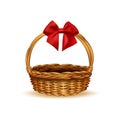 Empty wicker basket with red ribbon bow. Vector