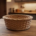 An empty wicker basket on a wooden table. Royalty Free Stock Photo