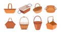 Empty wicker baskets set isolated containers icons