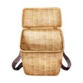 Empty wicker picnic basket with handles and lid