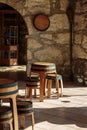 Empty Wine Bar with Arch Stone Architecture and Wooden Stool