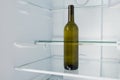 An empty wine bottle is on a shelf in an empty refrigerator Royalty Free Stock Photo