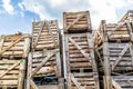 Empty wine bottles stacked in wine boxes Royalty Free Stock Photo