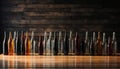 Empty wine bottles on wooden table generative AI Royalty Free Stock Photo