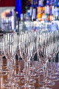 Empty wine glasses with color blur background in bar Royalty Free Stock Photo