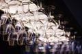 Empty wine glasses hanging upsidedown in bar interior.