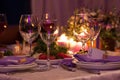 Empty wine glasses set in restaurant for wedding Royalty Free Stock Photo