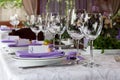 Empty wine glasses set in the restaurant for wedding Royalty Free Stock Photo