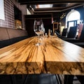 Empty wine glasses on slab table in restaurant Royalty Free Stock Photo