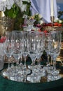 Empty wine glasses on table ready to serve. Wedding concept Royalty Free Stock Photo