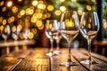 Empty Wine Glasses on a Wooden Table with a Soft Bokeh Light Background clear crystal Royalty Free Stock Photo