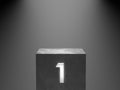 Empty winner concrete podium with number one neon glowing light on spotlight background. 3D rendering.