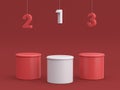 Empty winners podium with hanging number on red background. 3D rendering.