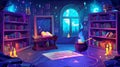 In an empty wizard classroom with a cauldron, glowing candles, and one magician's wand at night, there is an open