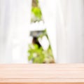 Empty wood and defocused curtain window and stationery box with Royalty Free Stock Photo